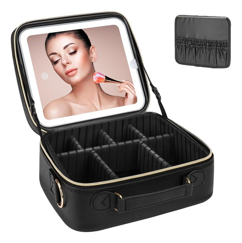 Porta Cosméticos Color Negro Espejo Led Recargable Usb Touch Negro