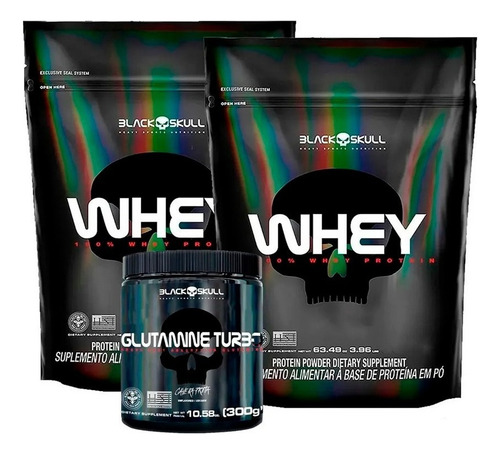 Combo 2x Whey Protein 100% 900g Refil + Glutamina 300g - Caveira Preta Sabor Morango E Chocolate