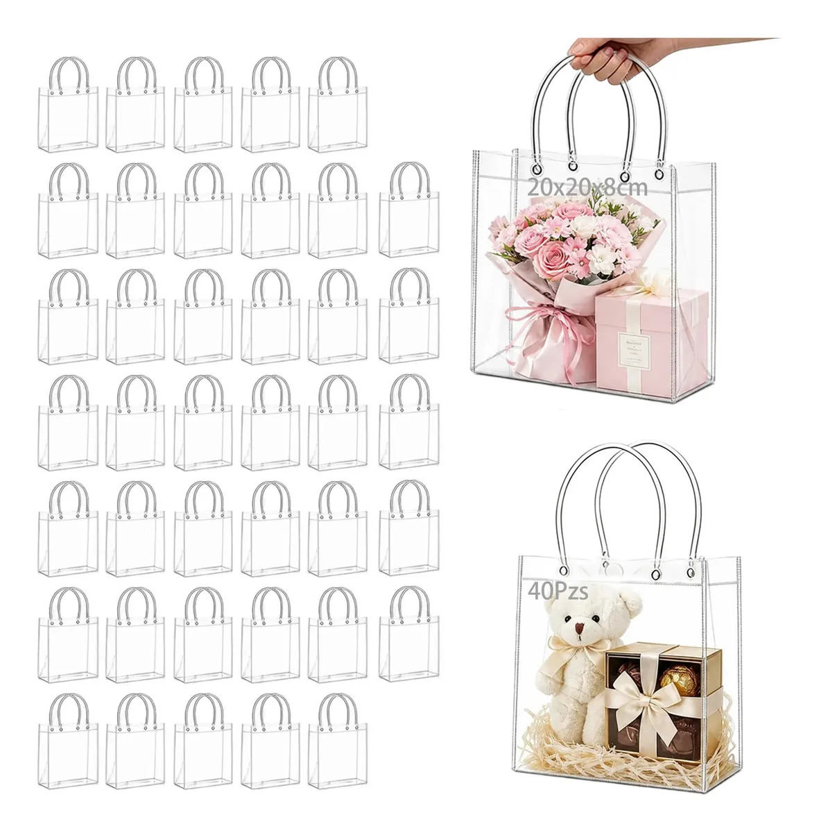 40 Bolsas Transparentes Para Dulces, Bolsas PVC Transparente Para Dulces Pasteles Postres Y Recuerdos Transparentes Y EcolóGicas Para Bodas Fiestas Y PasteleríAs 20x20x8cm