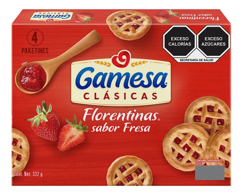 2 Pzs Gamesa Galletas Con Relleno De Fresa Florentinas 332gr