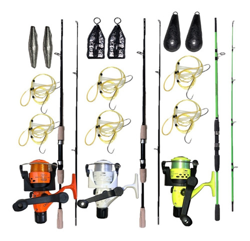 Kit 3 Combos Pesca Variada Caña Reel Lineas Plomadas 240