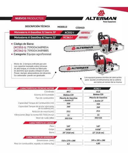 Motosierra Alterman Gasolina 2T, 62Cc, Espada 22” (55Cm), Xcs62-I