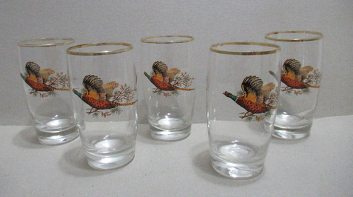 Set 5 Vasos Cristal Esmaltado Diseño Faisanes Aves Plumas