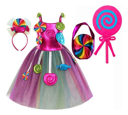 Vestido De Princesa Rainbow Candy Para Niña Con Diadema Tutú