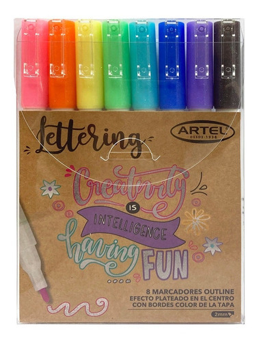 Set 8 Marcadores Lettering Outline Efecto Plateado Artel