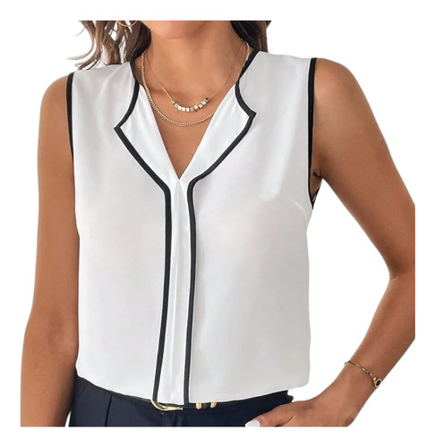 Blusa Top Elegante Sin Mangas Con Ribetes En Contraste