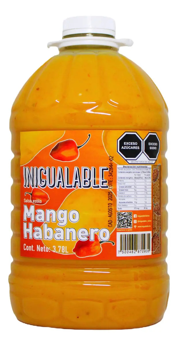 Salsa de Mango Habanero INIGUALABLE con Pulpa Natural, para Alitas y Mariscos, Garrafa de 3.78 L