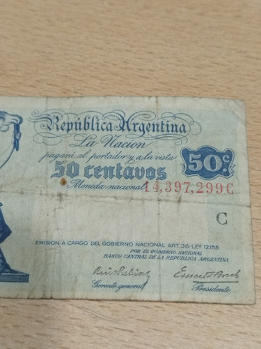 Billete Antiguo Argentina $ 50 Centavos Moneda Nacional 1947 (Usado)