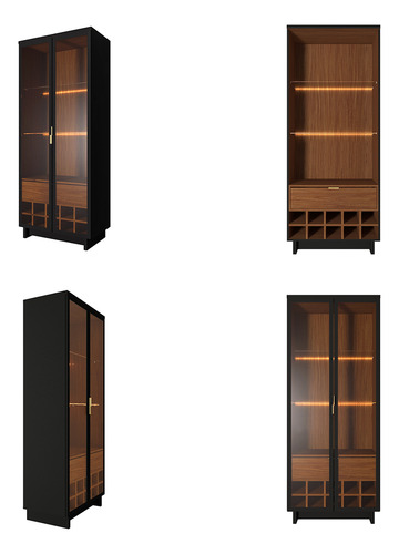 Conjunto Cristaleira Com Led E Buffet Preto Fosco/noce