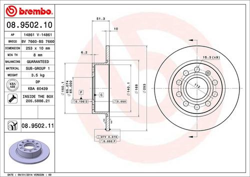Imagen 2 de 5 de Disco Brembo Tras Vw Jetta A6 2.0 2.5 2012 A 2016 08.9502.10