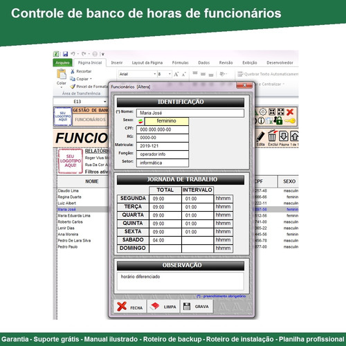 Planilha De Controle De Banco De Horas - Folha De Ponto