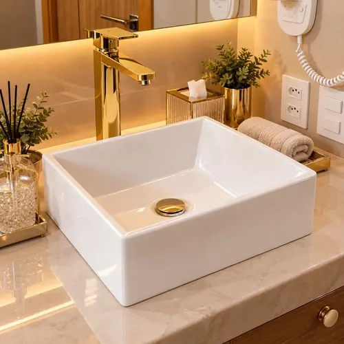 Cuba de Sobrepor Quadrada 30,5x27cm Branco Mármore Sintético para Banheiro/Lavabo Movelove