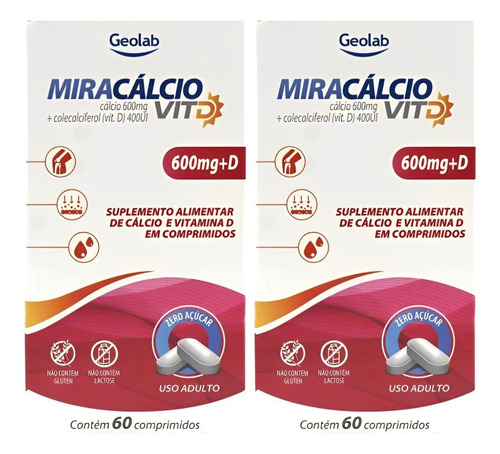 2 Miracalcio 600mg Vit D Proteja Seus Ossos E Imunidade 60cp