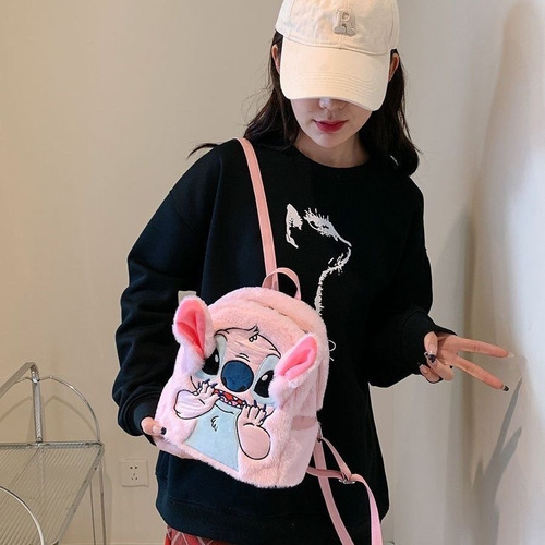 Pink Stitch Design New Ins, versátil y bonita mochila de felpa rosa, diseño de tela lisa