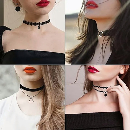 Collar Gargantilla Accesorios Mujer Negro Encaje Gotico 22pz