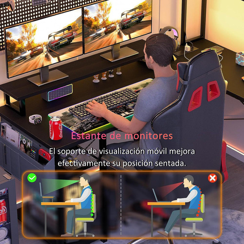 Plegable Escritorio Con Luces Led Y Enchufes En L Para Juego