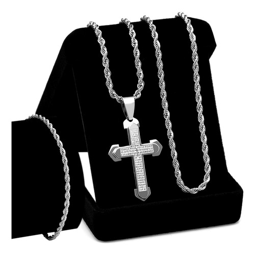 Conjunto Colar Pulseira Masculina Aço Inox Prata J-1294 Cruz