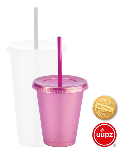 70 Vasos Reusables Con Popote Para Bebida Fría Mini 16 Oz Color Rosa Metalico