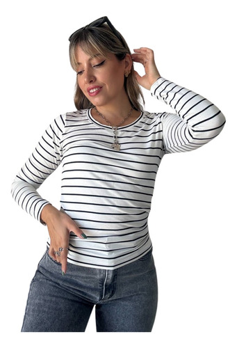 Remera Mujer Camiseta Manga Larga Rayada Modal Viscosa