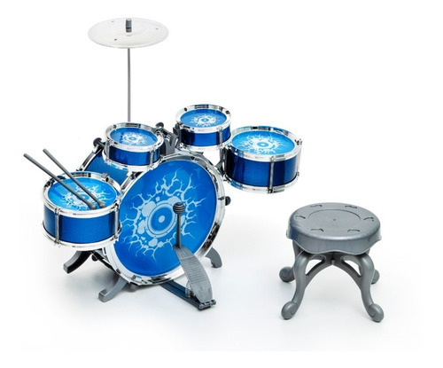 Bateria Infantil Rock Party Com Banquinho Banqueta Meninos Cor Azul