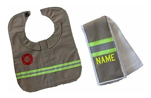 Firefighter Personalized Tan Baby Burp Rag And Bib Set