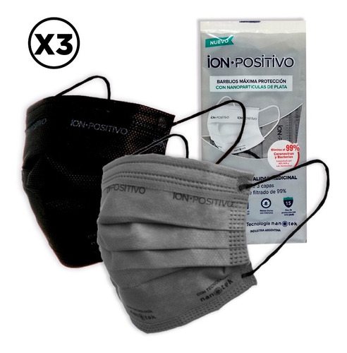Imagen 2 de 10 de Barbijo Ion Positivo X 3u Tapaboca Mascarilla Nanoparticulas