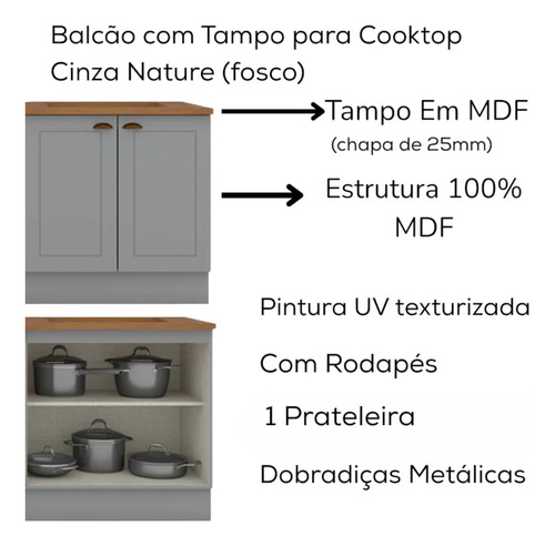 Balcão com Tampo Para Cooktop 2P 80cm Americana Cinza Nature Henn