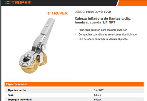 Cabeza Infladora De Llantas Con Clip Truper 19026
