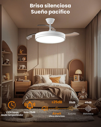 Ventilador de Techo Retráctil LED 42" con Luz LED YControl Remoto, 6 Velocidades, Motor DC Silencioso, Luz 3 Tonos, Reversible, Para Interior y Exterior, Ideal para Dormitorio, Sala, Cocina