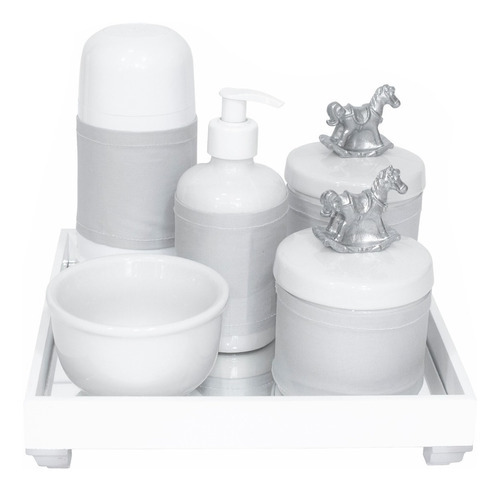 Kit Higiene Térmica Porcelanas Bebê Bandeja Passarinho Prata Cor Cavalinho