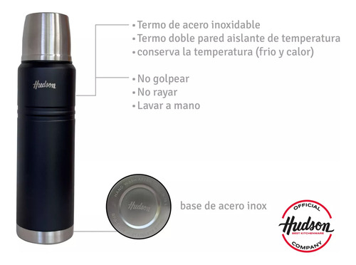 Termo Hudson Acero Negro 1 Litro De Acero Inoxidable 24hs
