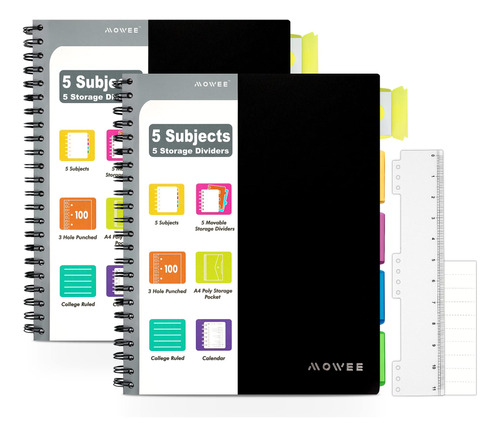 Mowee Cuaderno De 5 Materias, Paquete De 2 Cuadernos Con Ray