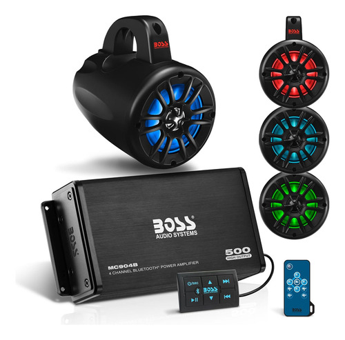 Boss Audio Uni4rgb Atv Utv Estéreo 4 Ipx5 Altavoces Marinos (x4) + Amplificador Bluetooth 4 Canales Resistente A La Intemperie