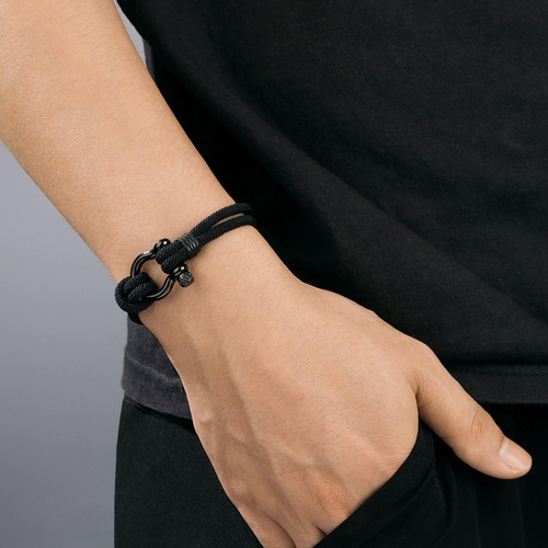 Pulsera Negra De Hombre Con Hebilla Herradura Estilo Rústico