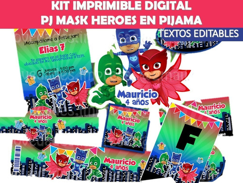 Kit Imprimible Pj Mask Heroes En Pijama Texto Editable