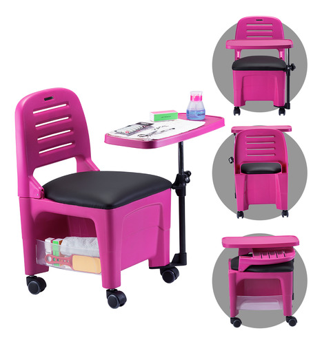 Cadeira Para Manicure Com Encosto Rebatível Mesa Removível Porta Objetos Lateral E Assento Anatômico Cirandinha Bari Dompel Rosa