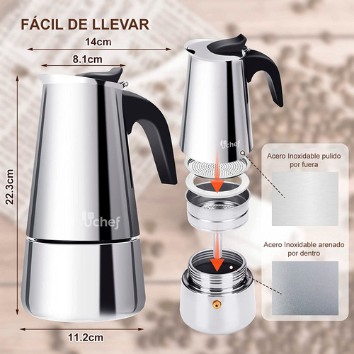 Cafetera Espresso Acero Inoxidable 300ml 6 Tazas Moka Pot