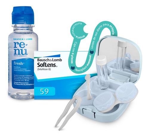 Lentes De Contacto Soflens 59 Bausch + Lomb Con Kit Optioutlet | Graduación -1.00 | Caja 6 Pzas + Espejo + Solución 60ml | Originales | Comodidad Todo El Día |