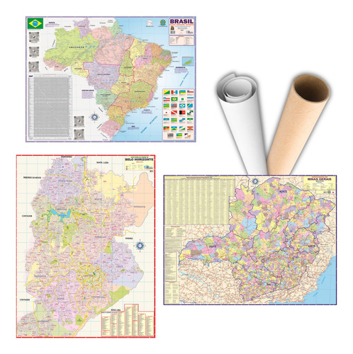 3 Mapas: Brasil, Belo Horizonte, Estado Minas Gerais Geográfico Politico Escolar Rodoviário Geografia Poster