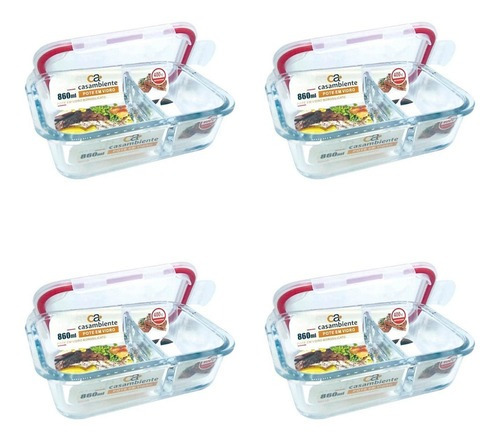 4 tarros herméticos rectangulares de 860 ml con 2 divisores de vidrio de varios colores