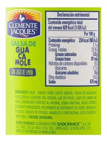 Salsa Clemente Jacques De Guacamole Con Limón 355 G