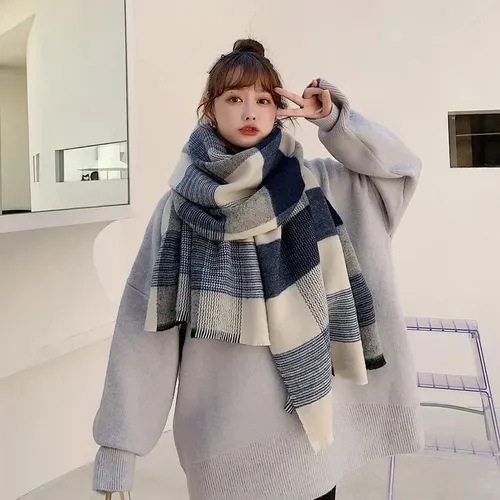 Bufanda A Cuadros Azules Japoneses De Nuevo Estilo Para Muje