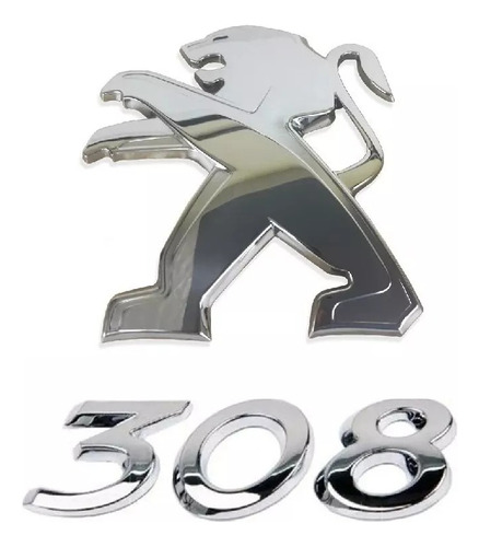 Emblema Logo Leão Peugeot + 308 Cromado Traseira (kit 2 Pçs)
