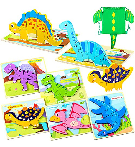 7 Piezas Dinosaurio Wooden Puzzle Para Toddler 1 2 3 Bb8lq