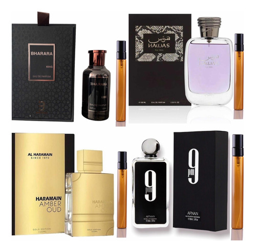 4 Decants Bharara King + 9 P.m + Hawas + Amber Oud Gold 5ml