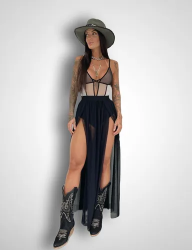 Saia transparente longa com body cheap