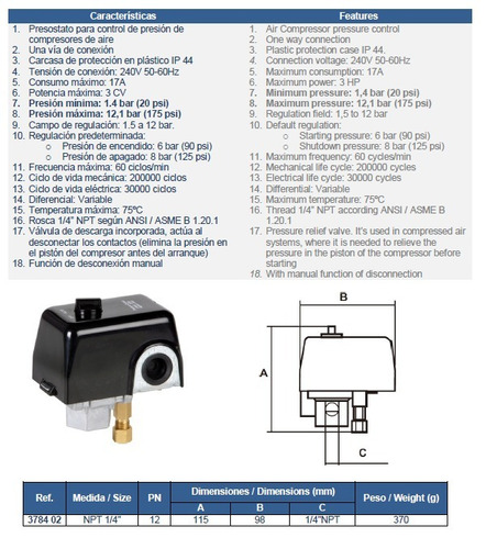 Imagen 2 de 4 de Presostato Para Compresor De Aire 1 Vía 1/4 Genebre Art 3784