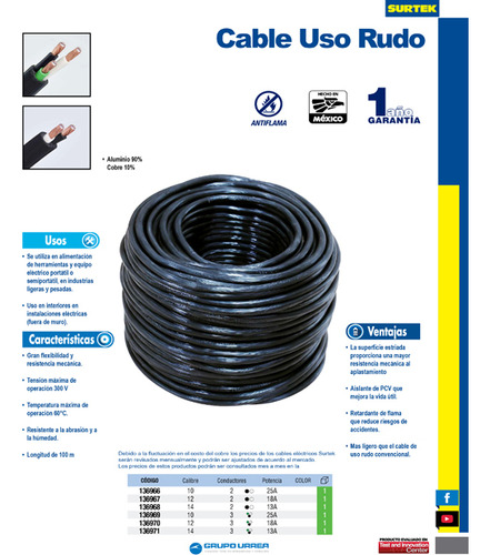 Cable Eléctrico Uso Rudo Cca Cal. 3 X 14 100 Mt Surtek