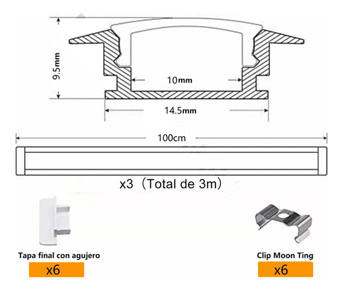 3m Perfil De Aluminio Para Empotrar Tira Led Muebles Casa