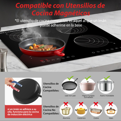 SANGKEE Parrilla De Induccion Electrica De 4 Zonas Con Dos Enchufes, Estufa Táctil Con Digital Sensor 3600w, Control Independiente, Ahorro De Energia, Bloqueo De Seguridad Para Niños, 127V